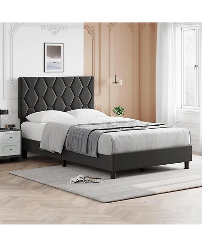 gaomon Bed Frame Upholstered Fabric Headboard Diamond Design Solid Wood Slats Easy Assembly Noise Free