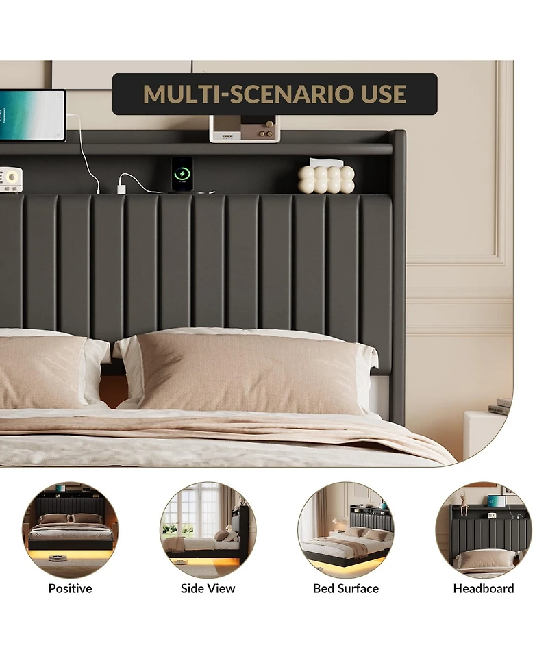 gaomon Floating Bed Frame Queen Rgb Led Lights Charging Station 50" Leather Headboard Upholstered Storage No Box