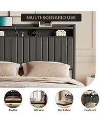 gaomon Floating Bed Frame Queen Rgb Led Lights Charging Station 50" Leather Headboard Upholstered Storage No Box