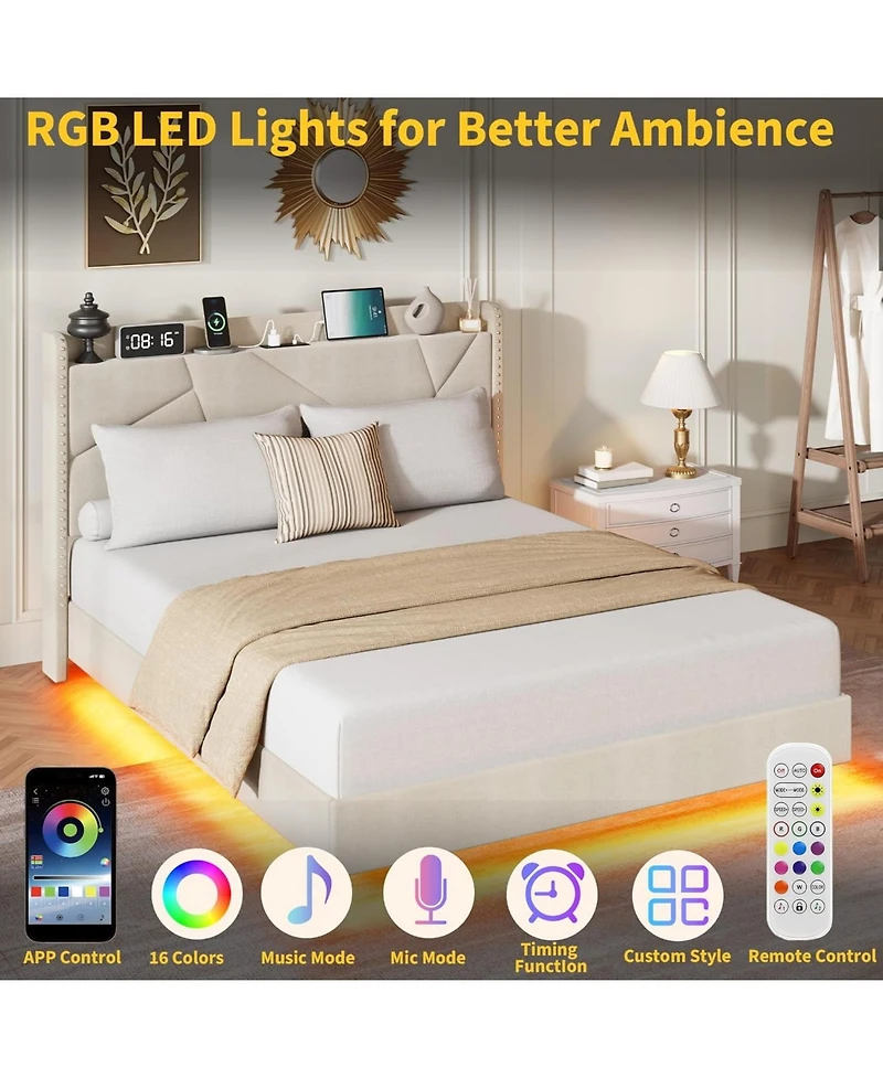 gaomon Full Floating Bed Frame with Rgb Led Lights and Charging Station- Upholstered Suspended Platform Bed- Storage Headboard- No Box Spring Needed