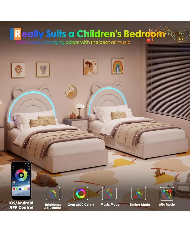 gaomon Princess Bed Frame with 4 Storage Drawers Led Lights Velvet Upholstered Rainbow Headboard Solid Wood Slats No Box Spring Needed