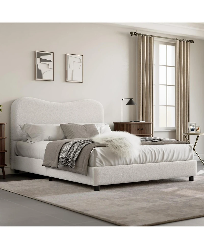 gaomon Boucle Bed Frame with Upholstered Headboard, Soft Low Profile Sturdy Platform Rounded Corners Design, Heavy Duty, Wooden Slats