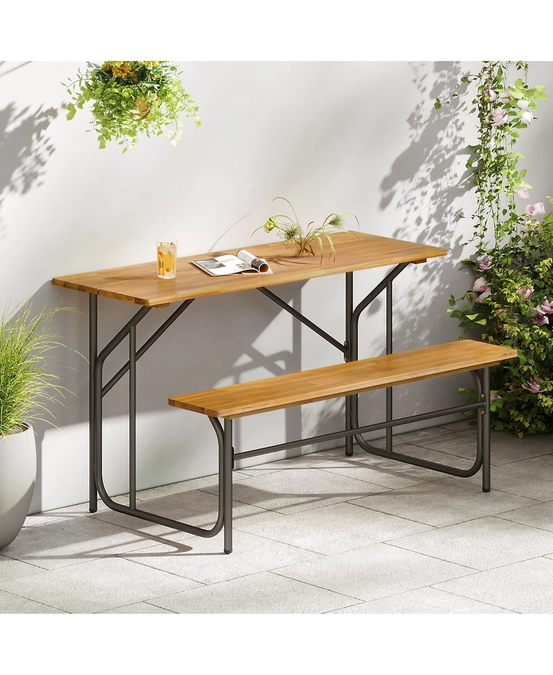 Gymax Patio Table Bench Set for 2 Picnic Table & Loveseat w/Acacia Wood Top Metal Legs