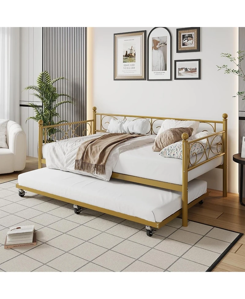 gaomon Twin Daybed with Trundle Space-Saving Gold Metal Frame Storage Clearance Heavy Duty Slats Elegant Design