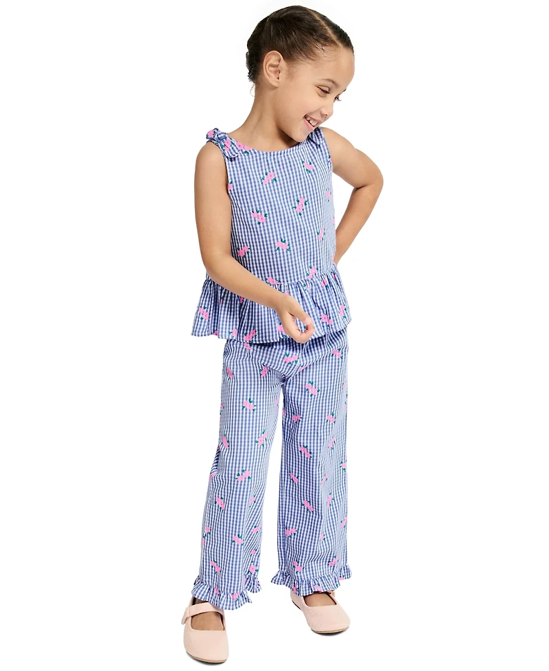 Kids Headquarters Girls' 2T-6X Floral Plaid Ruffle-Trim Top and Pants, 2-Piece Set