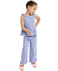 Kids Headquarters Girls' 2T-6X Floral Plaid Ruffle-Trim Top and Pants, 2-Piece Set