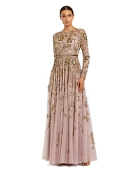 Mac Duggal Women's Long Sleeve Mesh Floral Embellished Gown