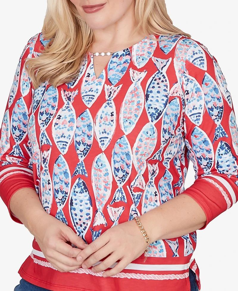 Alfred Dunner Petite Port Side Mosaic Fish Split Beaded Neck Top