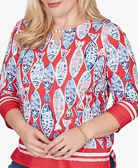Alfred Dunner Petite Port Side Mosaic Fish Split Beaded Neck Top