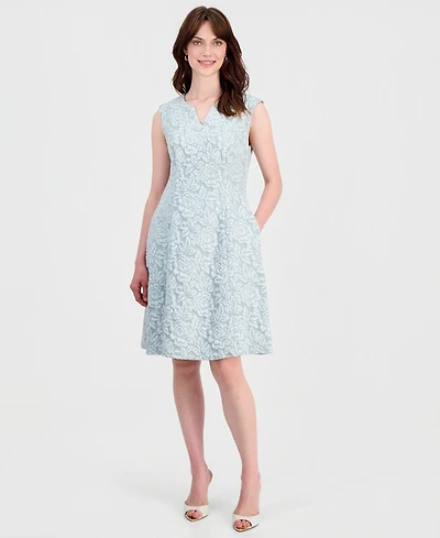 Connected Women's Floral-Jacquard Notch-Neck Dress