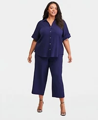 Anne Klein Essentials Plus Size Collared Button Front Shirt Pull On Crop Straight Leg Pants