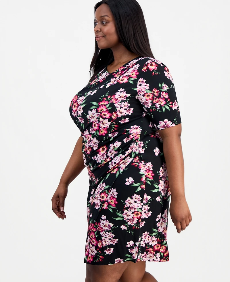 Connected Plus Printed Asymmetric-Neck Short-Sleeve Dress