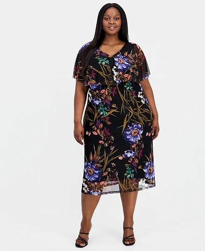 Connected Plus Printed Cape-Overlay Midi Mesh Dress