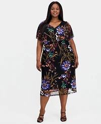 Connected Plus Printed Cape-Overlay Midi Mesh Dress