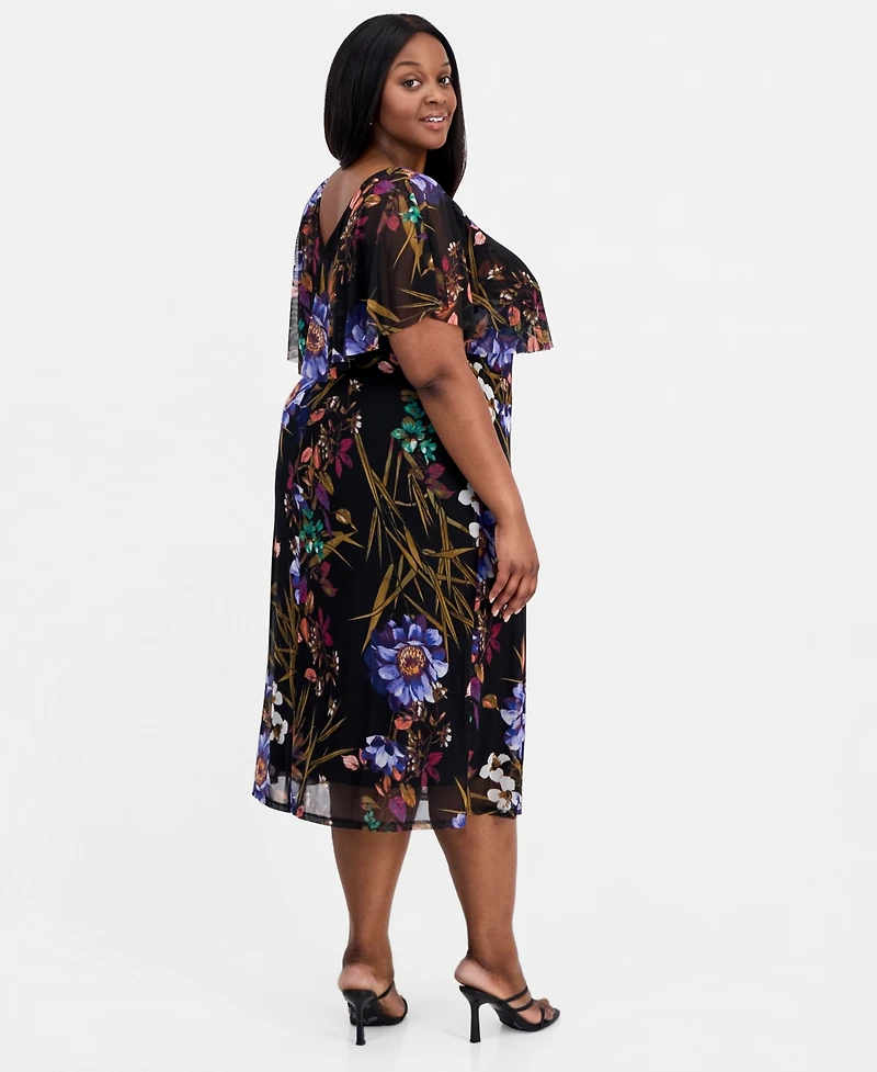 Connected Plus Printed Cape-Overlay Midi Mesh Dress
