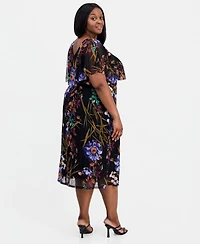 Connected Plus Printed Cape-Overlay Midi Mesh Dress