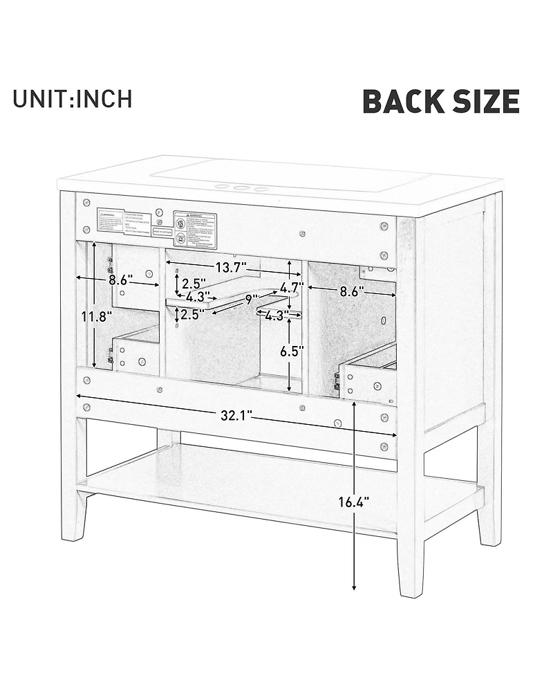 Sillysis 36 Bathroom Vanity with Ceramic Sink, Solid Wood Cabinet, 3 Drawers & Adjustable Shelf for Modern Bathrooms