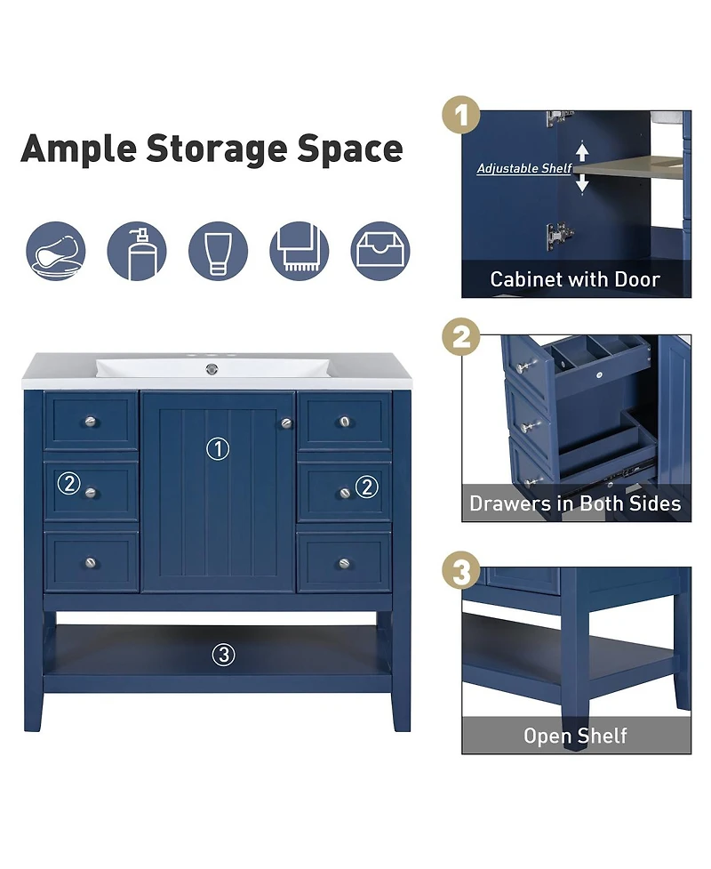 Sillysis 36" Bathroom Vanity with Ceramic Sink, Solid Wood Cabinet, 3 Drawers & Adjustable Shelf for Modern Bathrooms