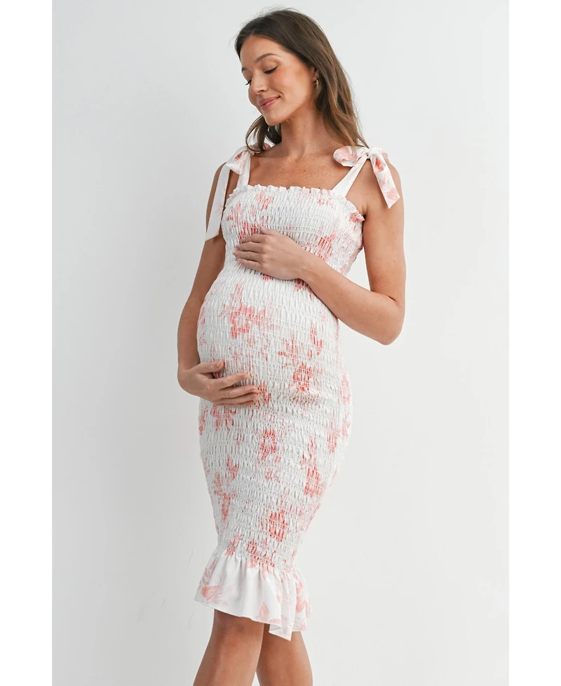 Hello Miz Maternity Bodycon Floral Smocked Midi Dress with Adjustable Tie Straps
