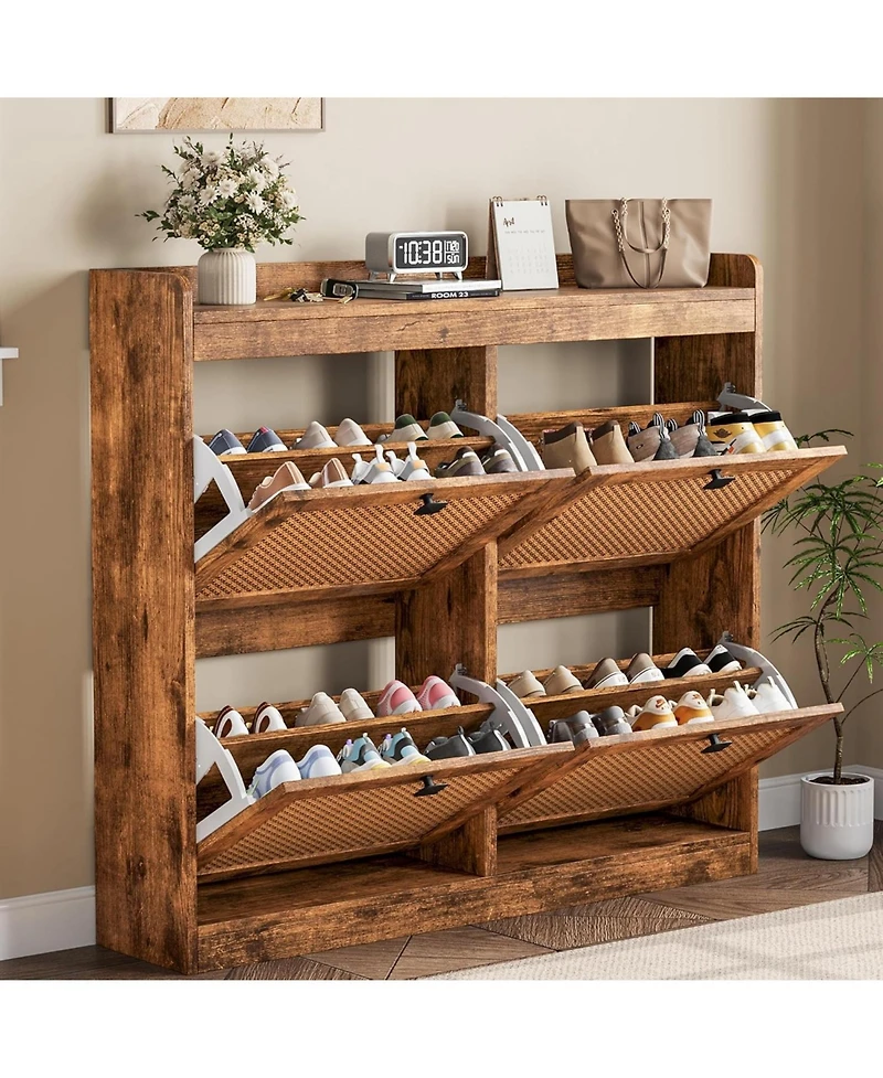 gaomon Shoe Cabinet with 4 Deep Flip Drawers Base Freestanding Wooden Shoe Storage Cabinet with Rattan Door and 3-Tier Adjustable Shelves