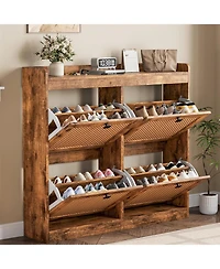 gaomon Shoe Cabinet with 4 Deep Flip Drawers Base Freestanding Wooden Shoe Storage Cabinet with Rattan Door and 3-Tier Adjustable Shelves