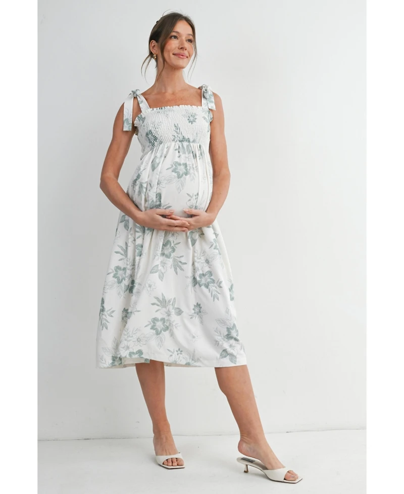 Hello Miz Maternity Floral Smocked Empire Waist Midi Dress with Tie Straps