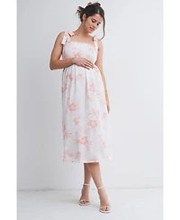 Hello Miz Maternity Floral Smocked Empire Waist Midi Dress with Tie Straps
