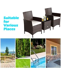 Gymax 3PCS Outdoor Rattan Conversation Set Patio Furniture Set w/ White Cushions