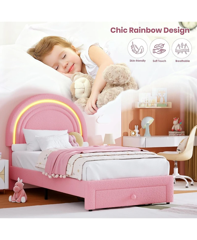 gaomon Twin Upholstered Led Bed Frame - with Storage Drawer and Rainbow Headboard, Berber Fleece Princess Platform for Kids