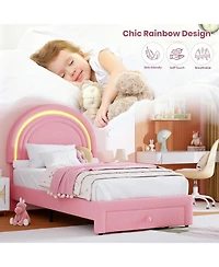 gaomon Twin Upholstered Led Bed Frame - with Storage Drawer and Rainbow Headboard, Berber Fleece Princess Platform for Kids