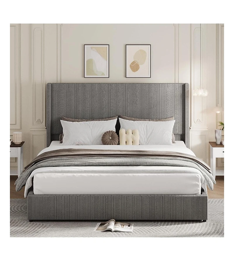 gaomon King Upholstered Platform Bed Storage Drawers Wingback Headboard Corduroy Fabric No Box Spring