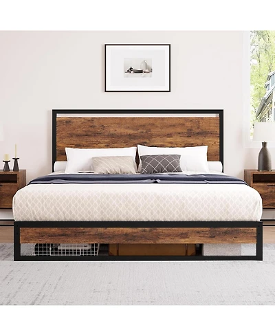 gaomon King Industrial Metal Bed Frame Headboard 12 Inch Under Bed Storage Platform Wood Slats No Box Spring Easy Assembly Noise-Free