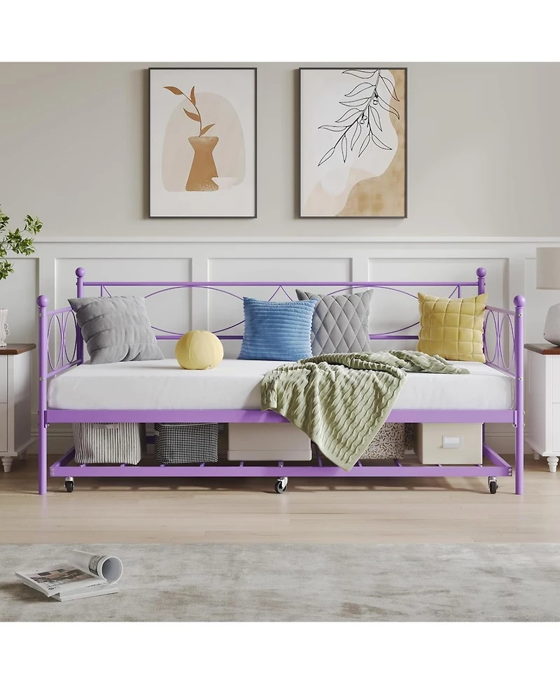 gaomon Twin Metal Daybed Frame with Trundle Heavy Duty Metal Slats Platform Sofa Bed Lockable Casters Bedroom Guest