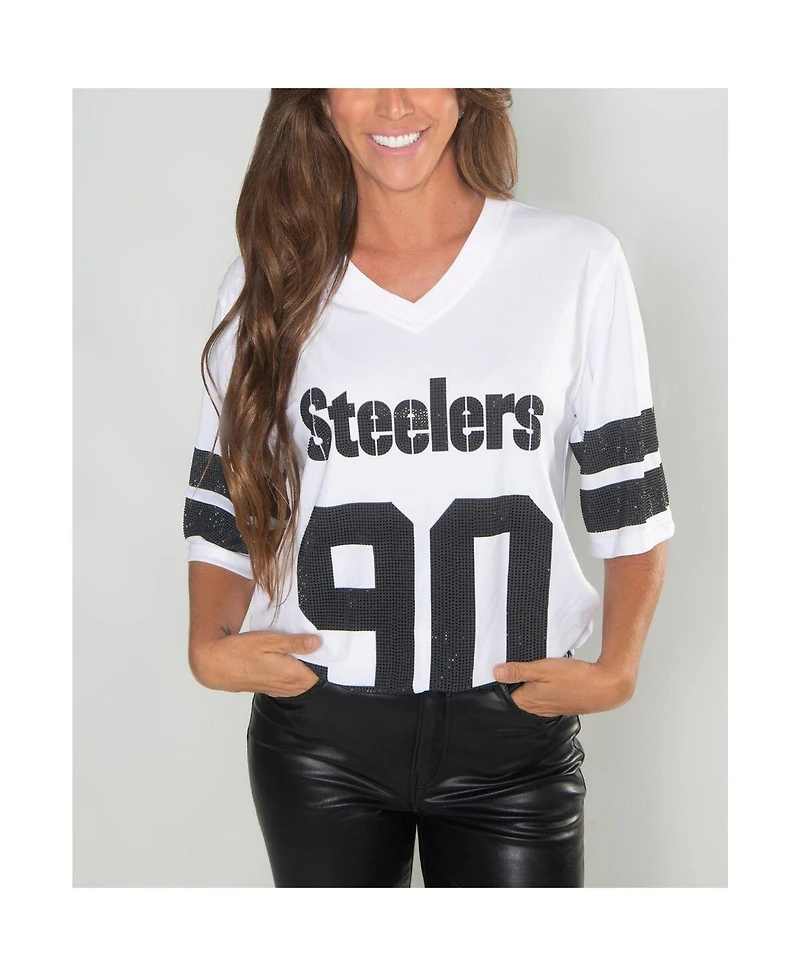 Cuce Women's T.j. Watt White Pittsburgh Steelers Crystal V-Neck Tunic