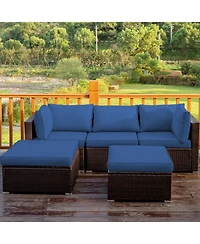 Gymax 5PCS Rattan Patio Conversation Set Outdoor Furniture Set w/ Ottoman Navy Cushion