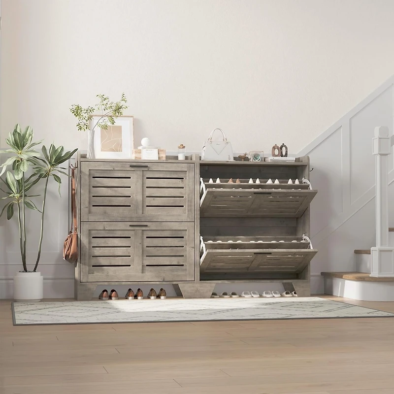 gaomon "Shoe cabinet with 2 flip drawers, freestanding slim organizer with hooks, narrow hidden shoe storage for entryway."