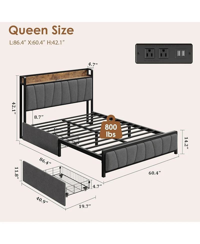 Gaomon queen bed frame with storage drawers, charging station, and upholstered headboard.