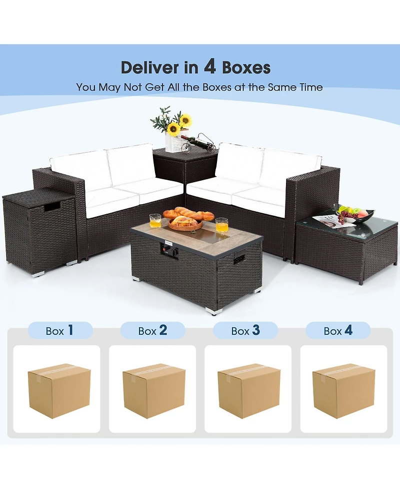 Gymax 6 Pcs Outdoor Rattan Sectional Sofa Set Patio Sofa & Fire Table Set w/ Storage Box