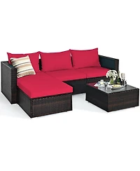 Gymax 5PCS Cushioned Rattan Patio Conversation Set with Ottoman Red Cushion