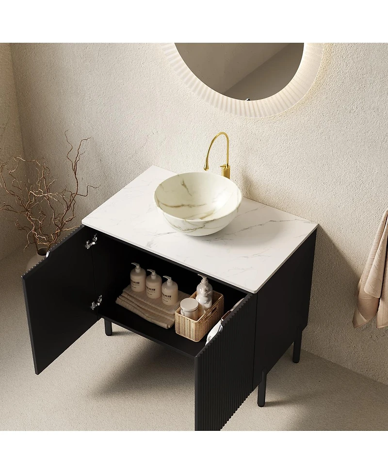 Sillysis 30" Bathroom Vanity with Ceramic Bowl Sink, Carrara Sintered Stone Countertop, 2 Soft-Close Doors, Modern Freestanding Storage