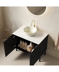 Sillysis 30" Bathroom Vanity with Ceramic Bowl Sink, Carrara Sintered Stone Countertop, 2 Soft-Close Doors, Modern Freestanding Storage