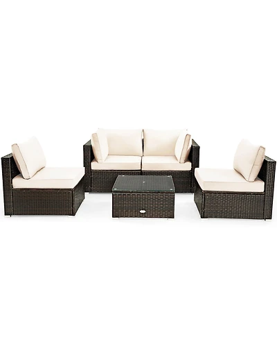 Gymax 5PCS Rattan Patio Conversation Set Sofa Furniture Set w/ White Cushions