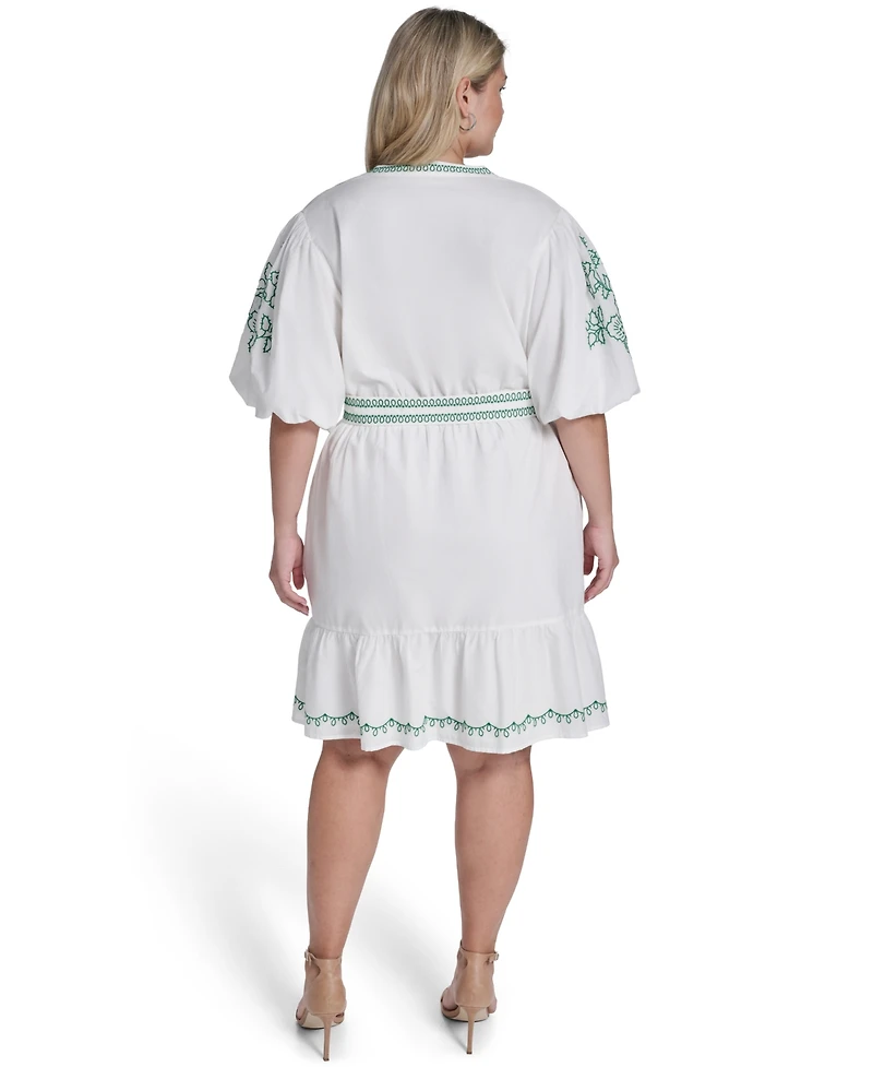 Eliza J Plus Puff-Sleeve Embroidered Dress
