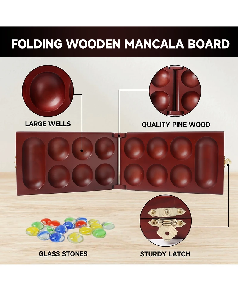 Gse Games & Sports Expert Folding Wooden Mancala Board Game with Glass Stone and Storage Bag