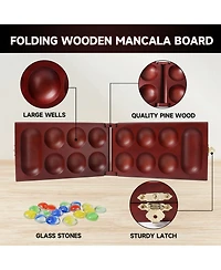 Gse Games & Sports Expert Folding Wooden Mancala Board Game with Glass Stone and Storage Bag