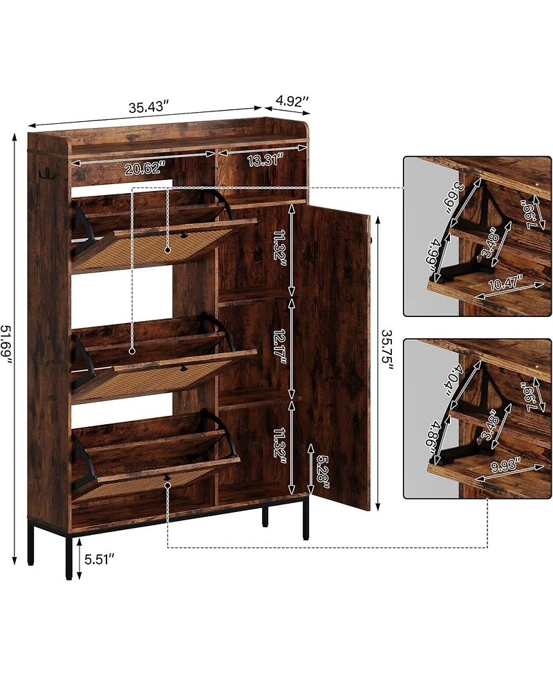gaomon Shoe Cabinet with 3 Flip Drawers Rattan Freestanding Organizer with Adjustable Shelves Metal Knob Narrow Shoe Rack Cabinet