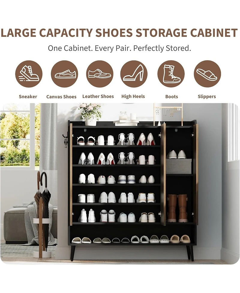 gaomon Shoe Cabinet with Doors 6-Tier Shoe Organizer with 3 Doors and Additional Hooks for Hallway Entryway Living Room Set of 2