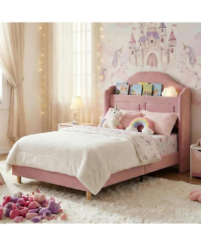 gaomon Twin Bed Frames for Kids, Wingback Velvet Platform Bed with Led Lights, Upholstered Storage Headboard, Wooden Slats Support