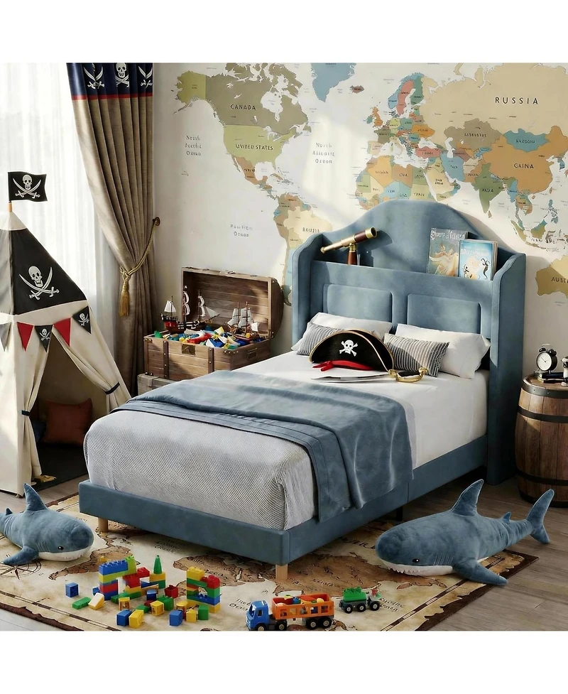 gaomon Twin Bed Frames for Kids, Wingback Velvet Platform with Led Lights, Upholstered Storage Headboard, Wooden Slats Support