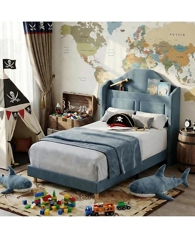 gaomon Twin Bed Frames for Kids, Wingback Velvet Platform Bed with Led Lights, Upholstered Storage Headboard, Wooden Slats Support